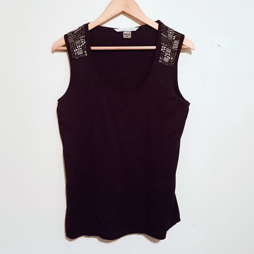 Peter Nygard Black Beaded Tank-Medium-Chic-Biker-Edgy-Designer-Embellished